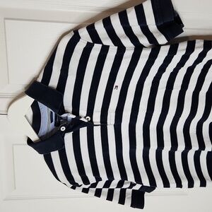 Mens Tommy Hilfiger dark blue white striped pique polo large preppy summer